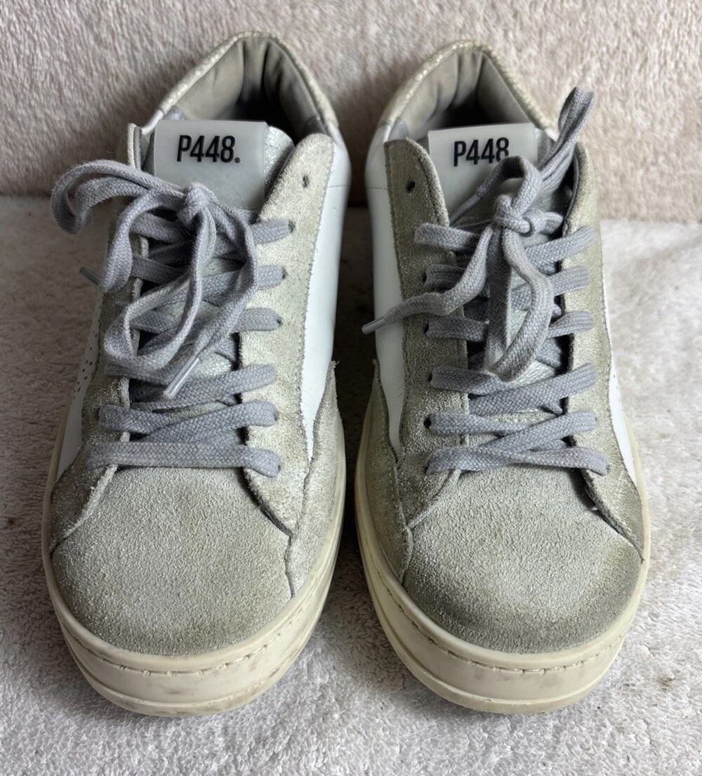 P448 Womens White Gray Gold Silver Trim Lace Up Shoes Sneakers Size 38- US 8